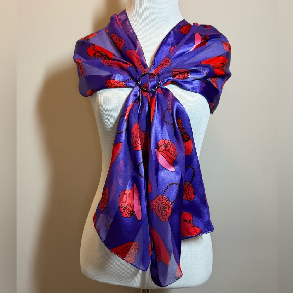 Women's Purple Lightweight Red Satin Fashion Scarf Wrap Red Hat Design 60”x13.5”